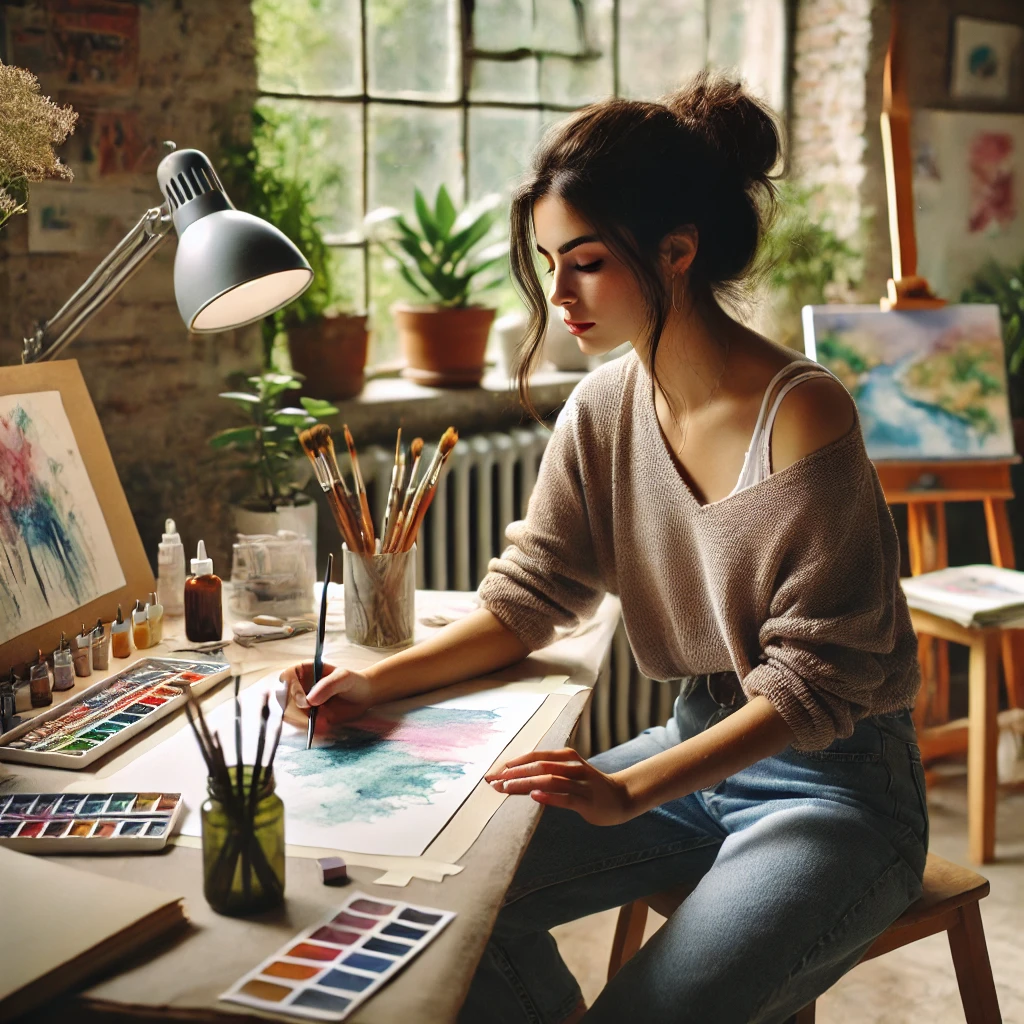 DALL·E 2024-11-22 19.22.31 - Una mujer dibujando en acuarela en un entorno tranquilo y artístico. Está sentada en una mesa con pinceles, pinturas de acuarela y un papel con colore