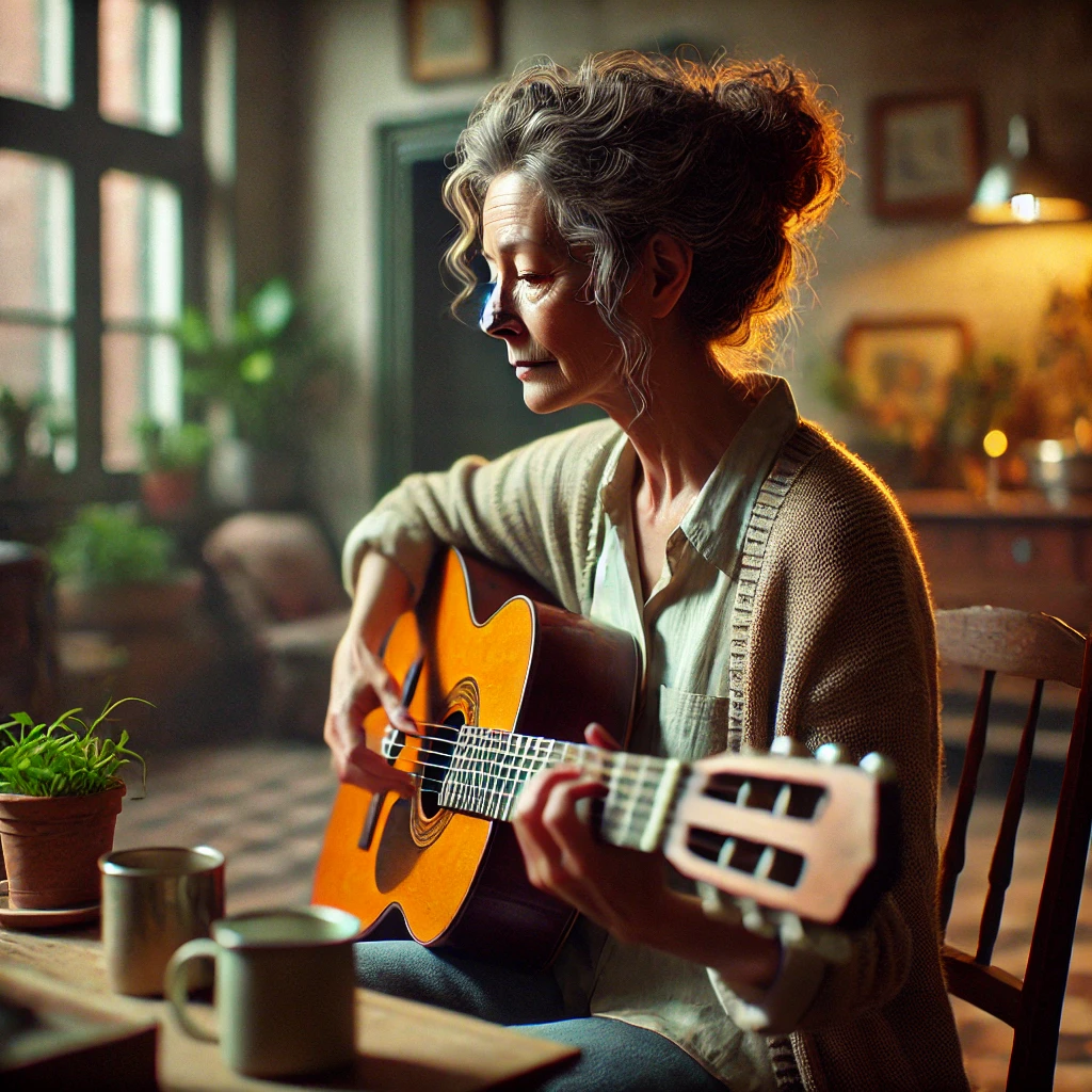 mujer mayor de apariencia real tocando una guitarra en un entorno acogedor. Tiene cabello canoso recogido, expresión tranquila y concentrada mient