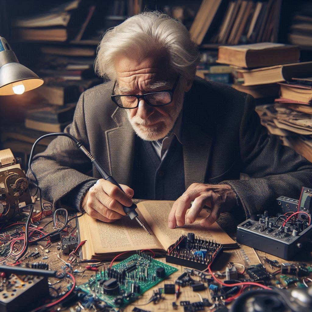 un hombre mayor estudiando electronica